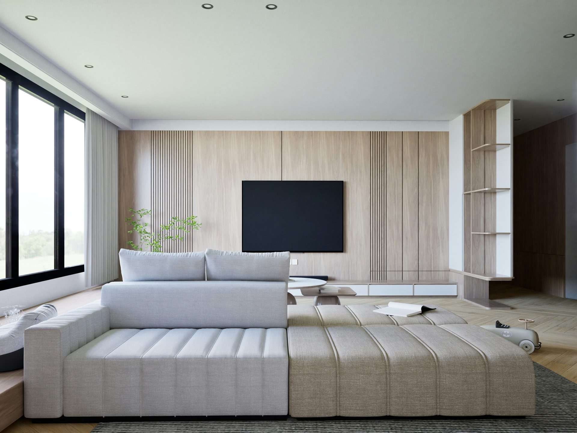 Minimalist family room with wood slat feature wall and built-in TV console, interior design studio Lucknow