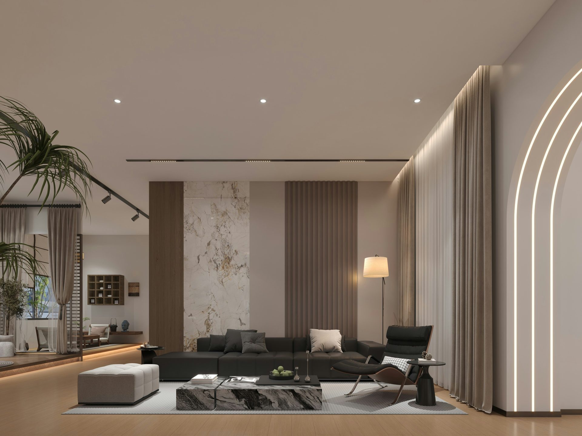 Espresso-toned living room with book-matched marble feature wall and arched cove lighting, luxury interior design Lucknow