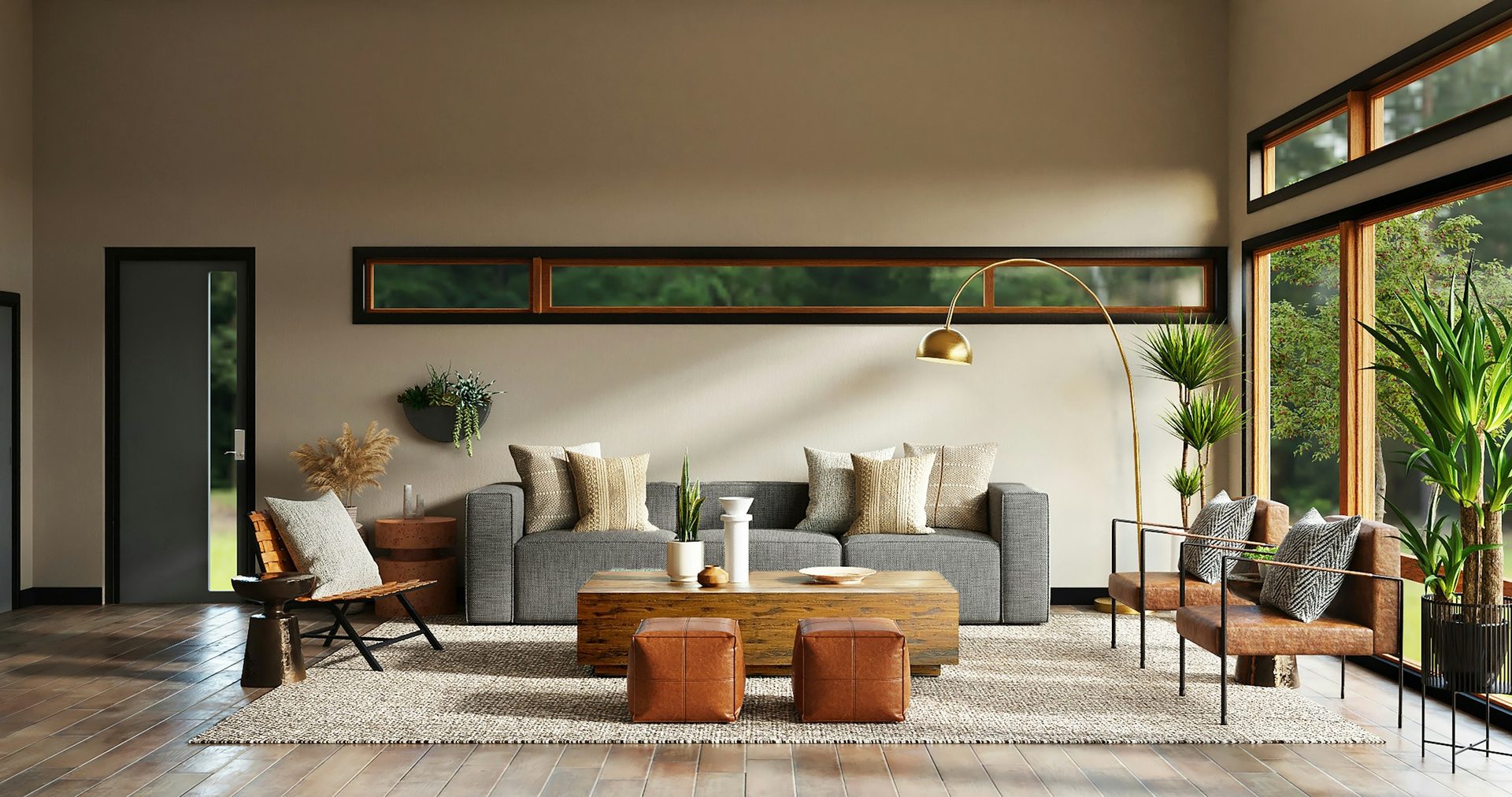 Modern farmhouse living room with leather ottomans, arc floor lamp and garden views, luxury interior design Lucknow
