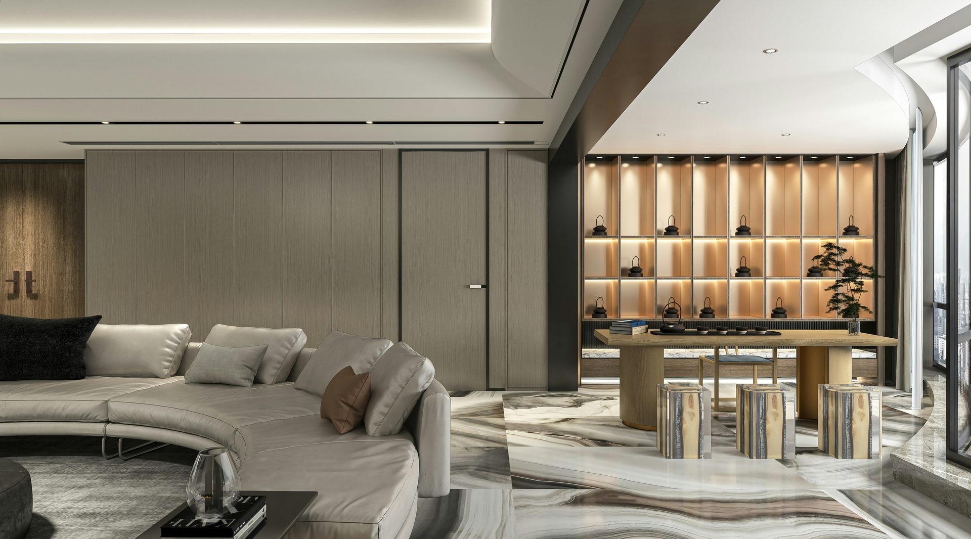 Open plan living and dining room with olive accent seating and warm pendant lighting, interior decorator Lucknow
