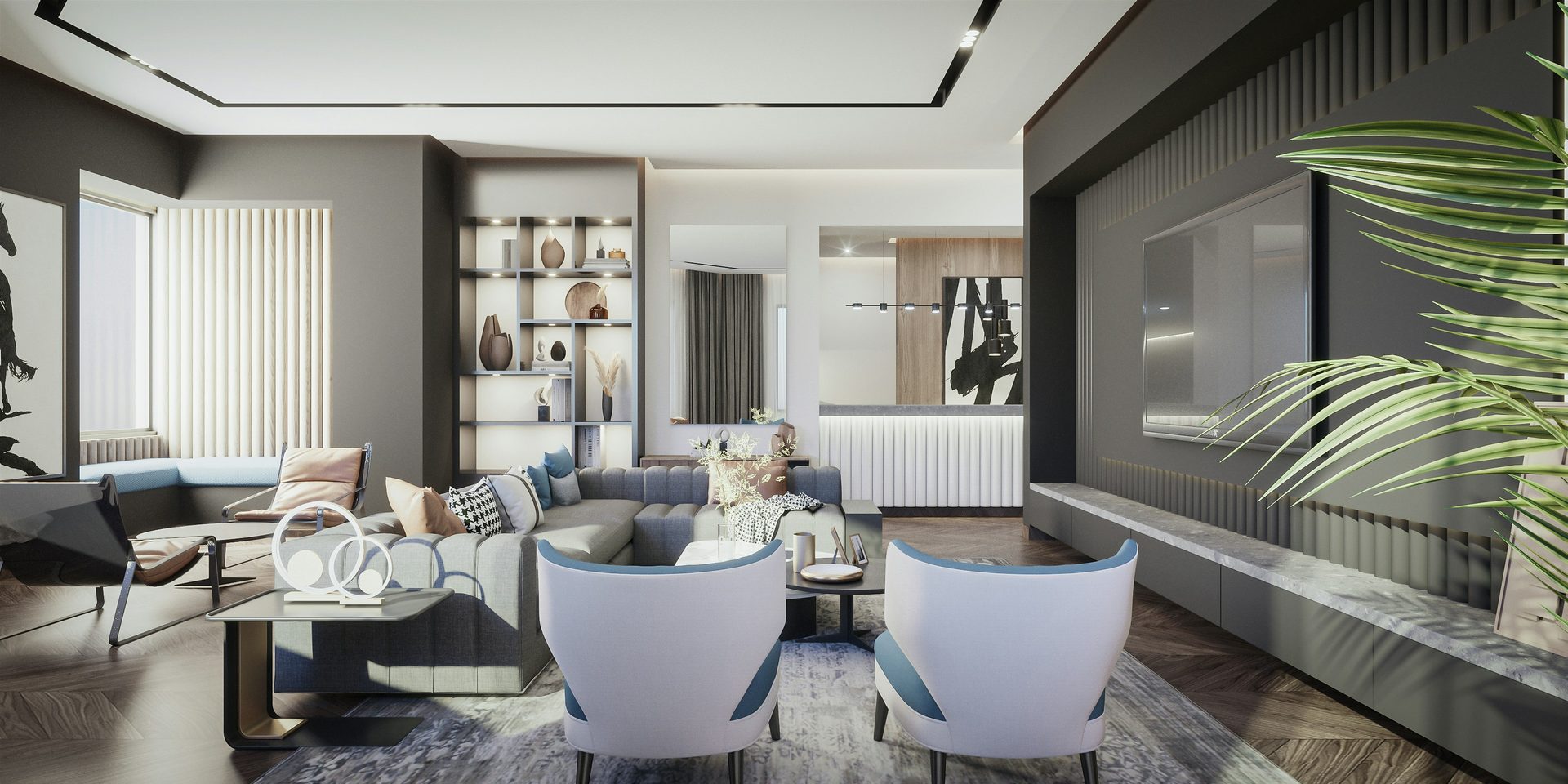 Charcoal living room with gallery wall art, built-in display shelving and dual-tone seating, interior designer Lucknow