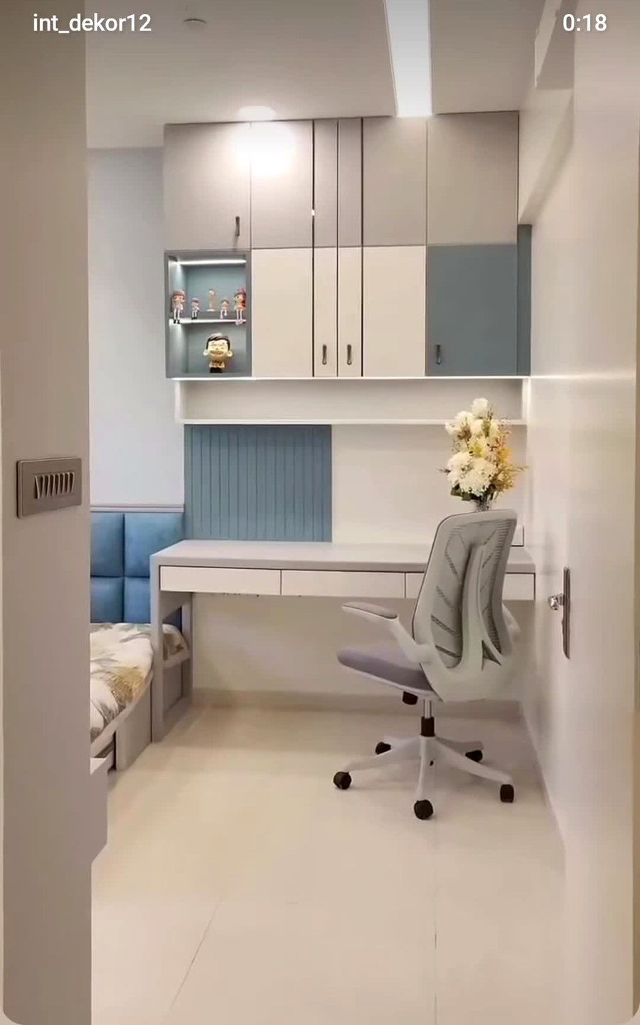 Real completed kids study nook with blue upholstered headboard and study desk, Innovative Dekor Lucknow project
