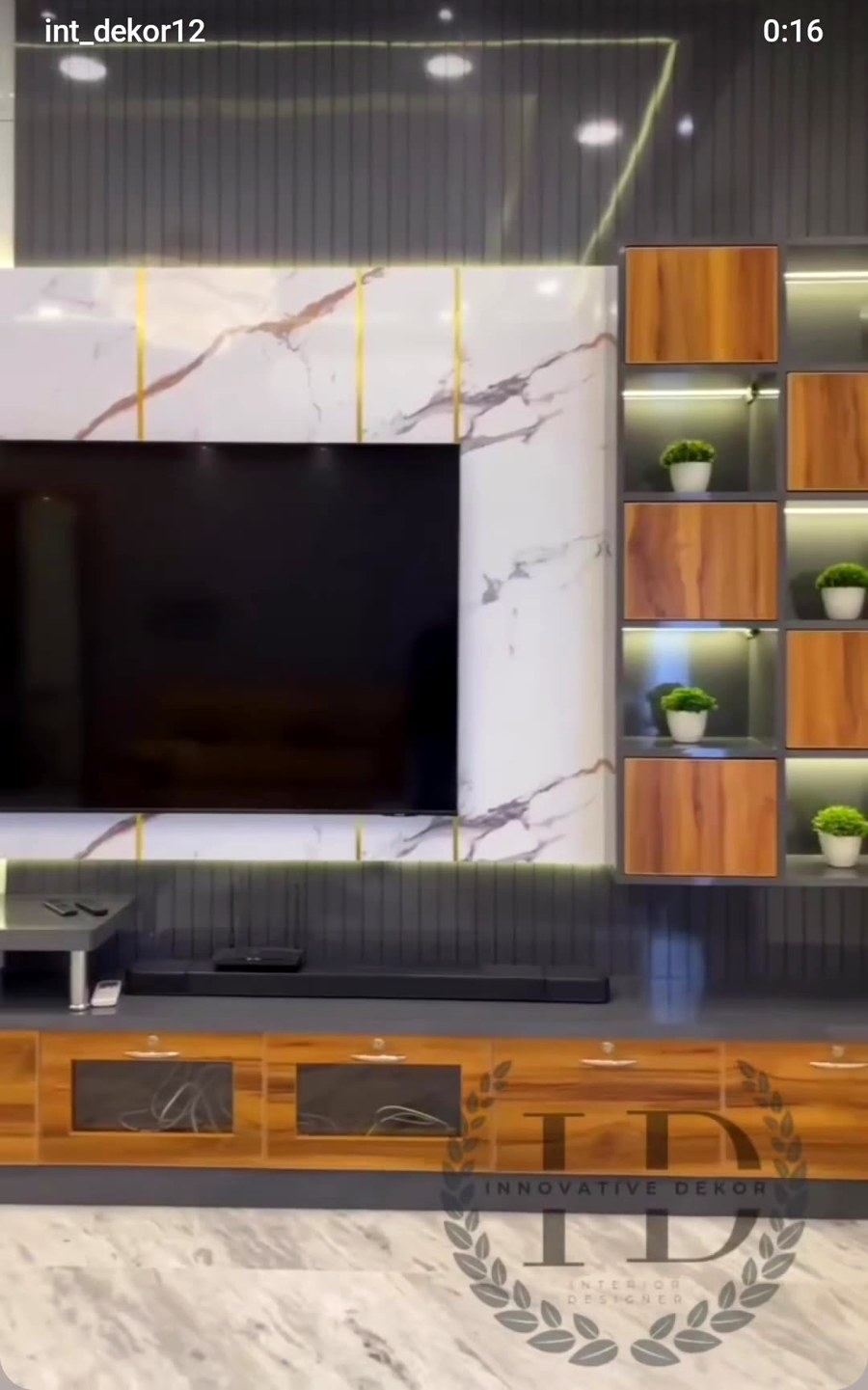 Real completed living room marble and wood TV feature wall with display niches, Innovative Dekor Lucknow project